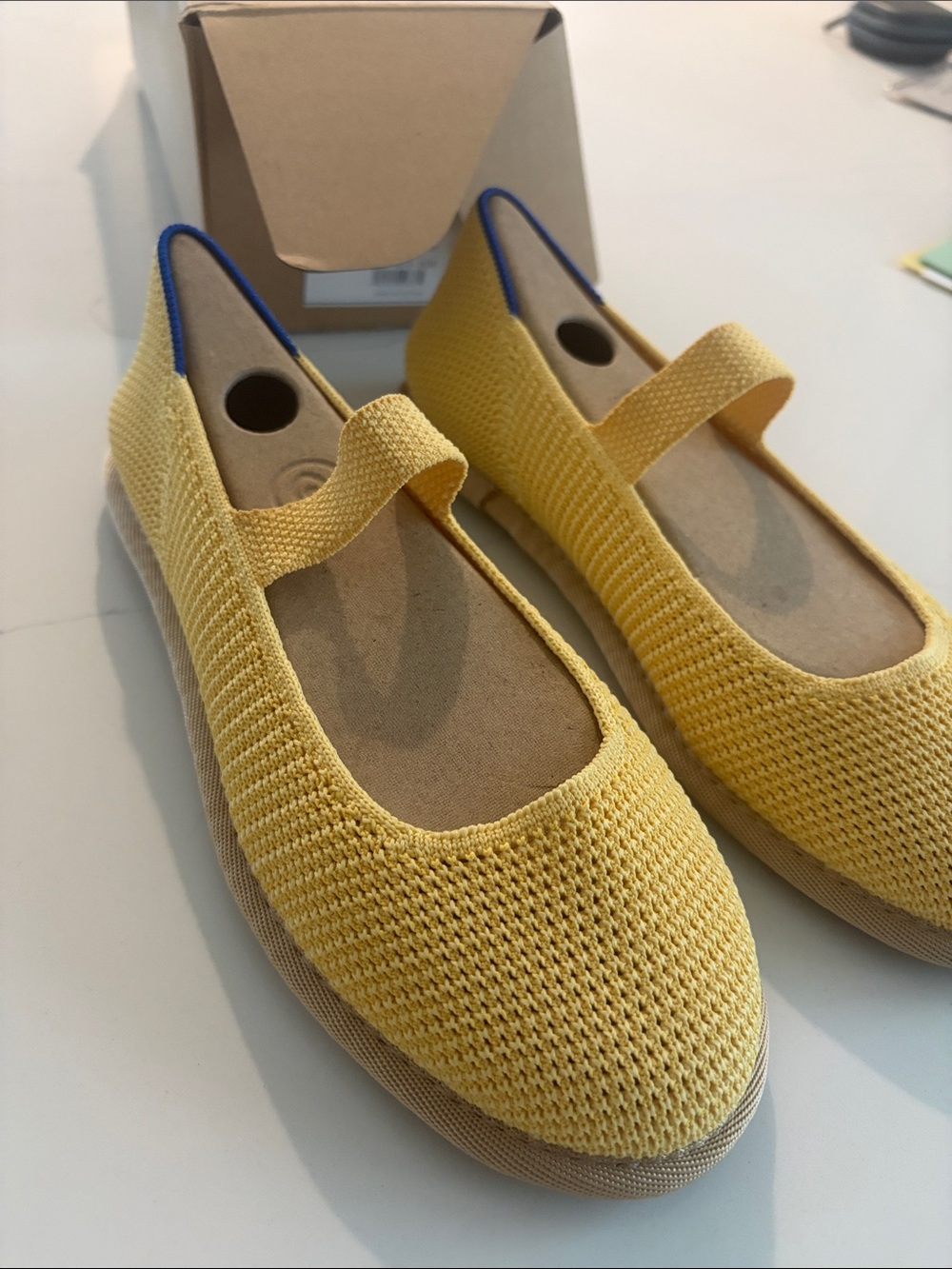 Rothy's Yellow Knit Mary Jane Flats with Blue Trim - Picture 2 of 4